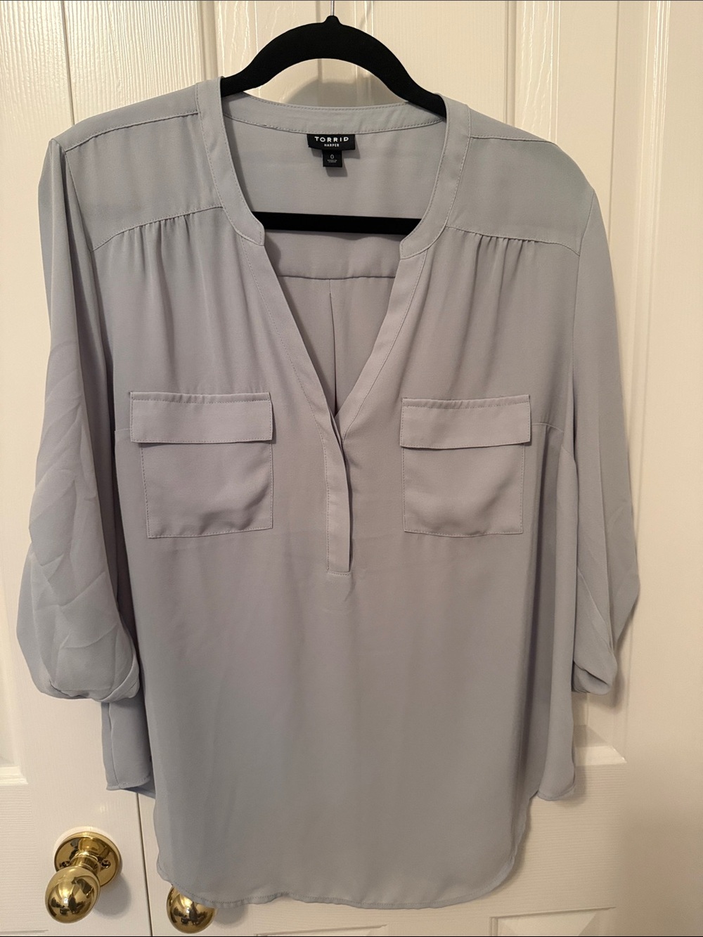 torrid Light Gray Split-Neck Roll-Tab Blouse